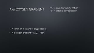 •
•
"A" = alveolar oxygenation
"a" = arterial oxygenation
 