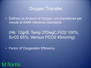 Oxygen Transfer
• Defined as Amount of Oxygen (ml) transferred per
minute at AAMI reference standards
(Hb: 12g/dl, Temp 37DegC,FiO2 100%,
SvO2 65%, Venous PCO2 45mmHg)
• Factor of Oxygenator Efficiency
 