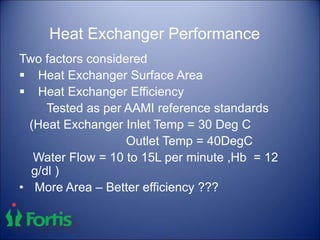 Heat Exchanger Performance
Two factors considered
 Heat Exchanger Surface Area
 Heat Exchanger Efficiency
Tested as per AAMI reference standards
(Heat Exchanger Inlet Temp = 30 Deg C
Outlet Temp = 40DegC
Water Flow = 10 to 15L per minute ,Hb = 12
g/dl )
• More Area – Better efficiency ???
 