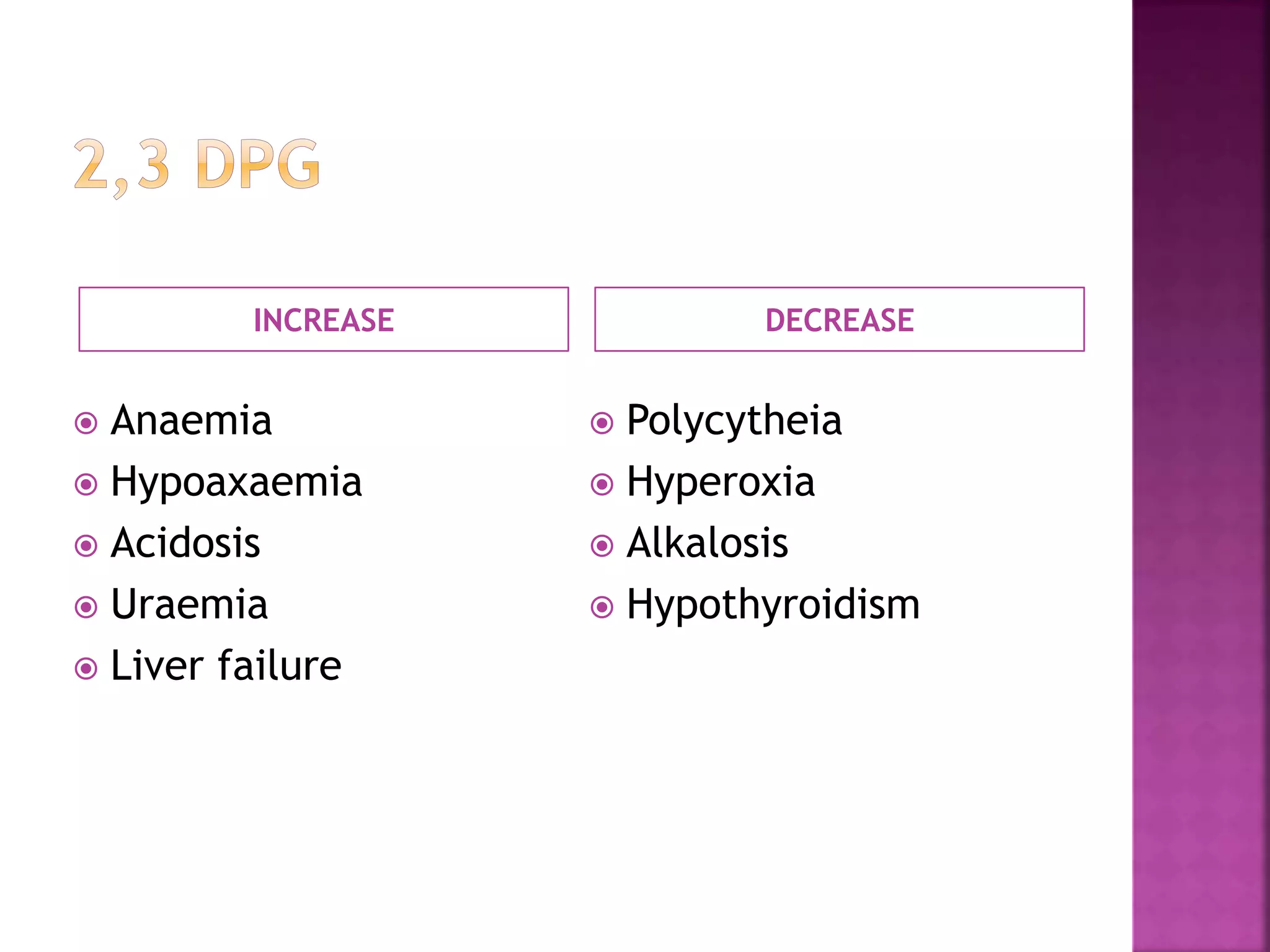 INCREASE DECREASE
 Anaemia
 Hypoaxaemia
 Acidosis
 Uraemia
 Liver failure
 Polycytheia
 Hyperoxia
 Alkalosis
 Hypothyroidism
 