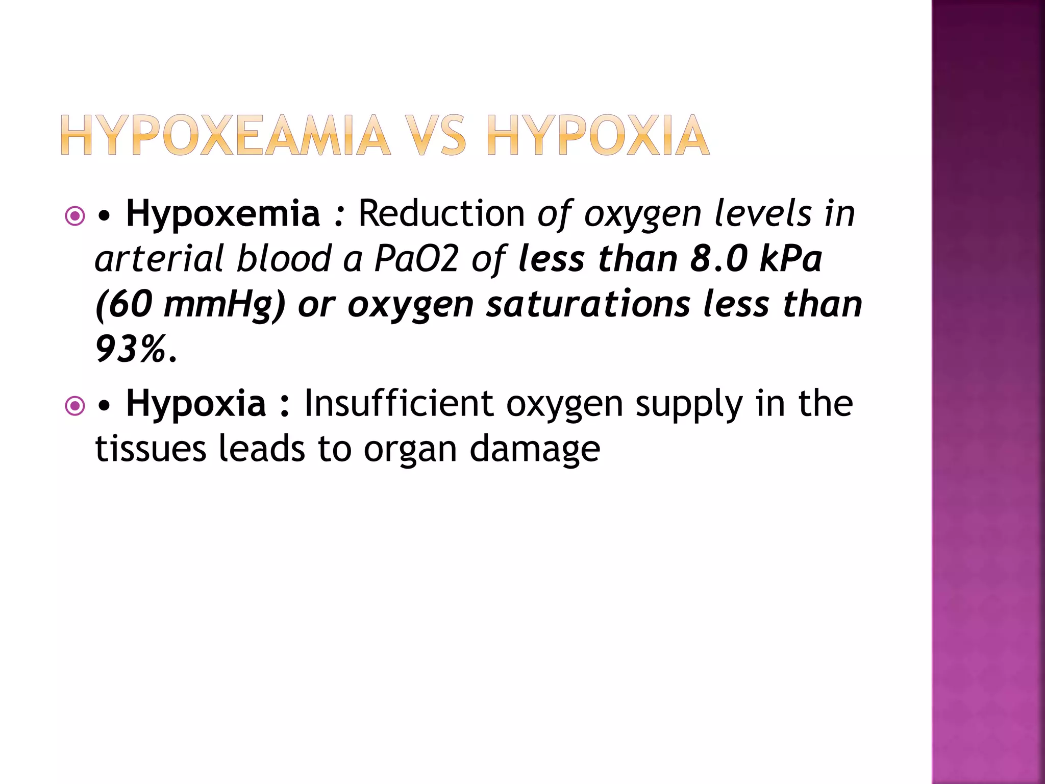  • Hypoxemia : Reduction of oxygen levels in
arterial blood a PaO2 of less than 8.0 kPa
(60 mmHg) or oxygen saturations less than
93%.
 • Hypoxia : Insufficient oxygen supply in the
tissues leads to organ damage
 