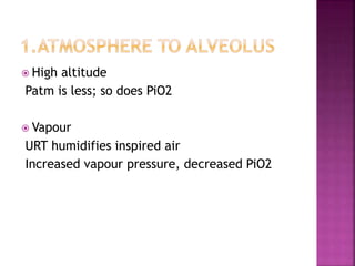  High altitude
Patm is less; so does PiO2
 Vapour
URT humidifies inspired air
Increased vapour pressure, decreased PiO2
 