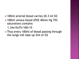  100ml arterial blood carries 20.3 ml O2
 100ml venous blood (PO2 40mm Hg 75%
saturation) contains
1.34x15x75/100=15
 Thus every 100ml of blood passing through
the lungs will take up 5ml of O2
 