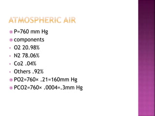  P=760 mm Hg
 components
• O2 20.98%
• N2 78.06%
• Co2 .04%
• Others .92%
 PO2=760× .21=160mm Hg
 PCO2=760× .0004=.3mm Hg
 