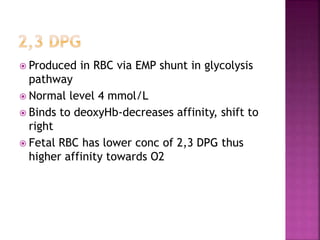  Produced in RBC via EMP shunt in glycolysis
pathway
 Normal level 4 mmol/L
 Binds to deoxyHb-decreases affinity, shift to
right
 Fetal RBC has lower conc of 2,3 DPG thus
higher affinity towards O2
 
