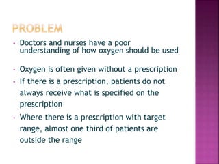 • Doctors and nurses have a poor
understanding of how oxygen should be used
• Oxygen is often given without a prescription
• If there is a prescription, patients do not
always receive what is specified on the
prescription
• Where there is a prescription with target
range, almost one third of patients are
outside the range
 