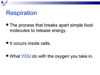 Respiration
 The process that breaks apart simple food
molecules to release energy.
 It occurs inside cells.
 What YOU do with the oxygen you take in.
 