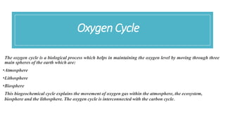 Oxygen Cycle
The oxygen cycle is a biological process which helps in maintaining the oxygen level by moving through three
main spheres of the earth which are:
•Atmosphere
•Lithosphere
•Biosphere
This biogeochemical cycle explains the movement of oxygen gas within the atmosphere, the ecosystem,
biosphere and the lithosphere. The oxygen cycle is interconnected with the carbon cycle.
 