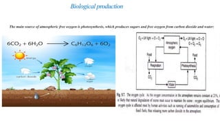 Biological production
The main source of atmospheric free oxygen is photosynthesis, which produces sugars and free oxygen from carbon dioxide and water:
 