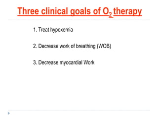 Three clinical goals of O2 therapy
1. Treat hypoxemia
2. Decrease work of breathing (WOB)
3. Decrease myocardial Work
 