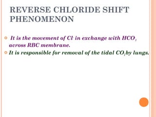 REVERSE CHLORIDE SHIFT
PHENOMENON
 It is the movement of Cl-
in exchange with HCO-
3
across RBC membrane.
 It is responsible for removal of the tidal CO2 by lungs.
 