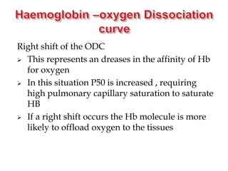 Right shift of the ODC
 This represents an dreases in the affinity of Hb
for oxygen
 In this situation P50 is increased , requiring
high pulmonary capillary saturation to saturate
HB
 If a right shift occurs the Hb molecule is more
likely to offload oxygen to the tissues
 