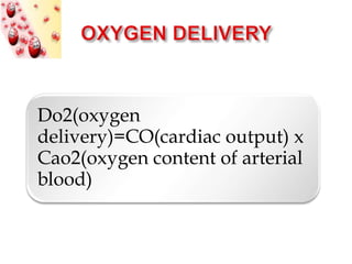Do2(oxygen
delivery)=CO(cardiac output) x
Cao2(oxygen content of arterial
blood)
 