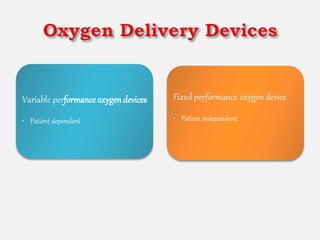 Variable performance oxygendevices
• Patient dependent
Fixed performance oxygen device
• Patient independent
 