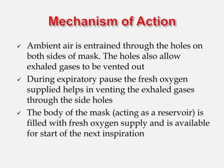  Ambient air is entrained through the holes on
both sides of mask. The holes also allow
exhaled gases to be vented out
 During expiratory pause the fresh oxygen
supplied helps in venting the exhaled gases
through the side holes
 The body of the mask (acting as a reservoir) is
filled with fresh oxygen supply and is available
for start of the next inspiration
 