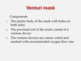  Components
1. The plastic body of the mask with holes on
both sides
2. The proximal end of the mask consist of a
venture device
3. The venture devices are colour coded and
marked with recommended oxygen flow rate
 