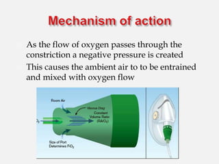  As the flow of oxygen passes through the
constriction a negative pressure is created
 This causes the ambient air to to be entrained
and mixed with oxygen flow
 