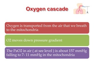 Oxygen is transported from the air that we breath
to the mitochondria
O2 moves down pressure gradient
The PaO2 in air ( at see level ) is about 157 mmHg
falling to 7- 11 mmHg in the mitochondria
 