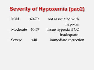  Mild 60-79 not associated with
hypoxia
 Moderate 40-59 tissue hypoxia if CO
inadequate
 Severe <40 immediate correction
 