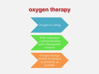 Oxygen is a drug
With indication
,contraindication
and a therapeutic
window
Oxygen dosage
should be titrated
as presisely as
possible
 