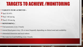 TARGETS TO ACHIEVE /MONITORING
• TARGETS TO BE ACHIEVED -:
Spo2 92-95%
Pao2 >60 mm hg
Paco2<50 mm hg
• MONITORING-:
• Vital parameters every 2 hourly
• Arterial blood gases every 12h or more frequently depending on clinical need and availability
• Abdominal distension and local redness
• The water level and bubbling every 2 hourly
 