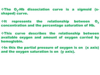 The O2-Hb dissociation curve is a sigmoid (s-
shaped) curve.
It represents the relationship between O2
concentration and the percentage saturation of Hb.
This curve describes the relationship between
available oxygen and amount of oxygen carried by
hemoglobin.
In this the partial pressure of oxygen is on (x axis)
and the oxygen saturation is on (y axis).
 