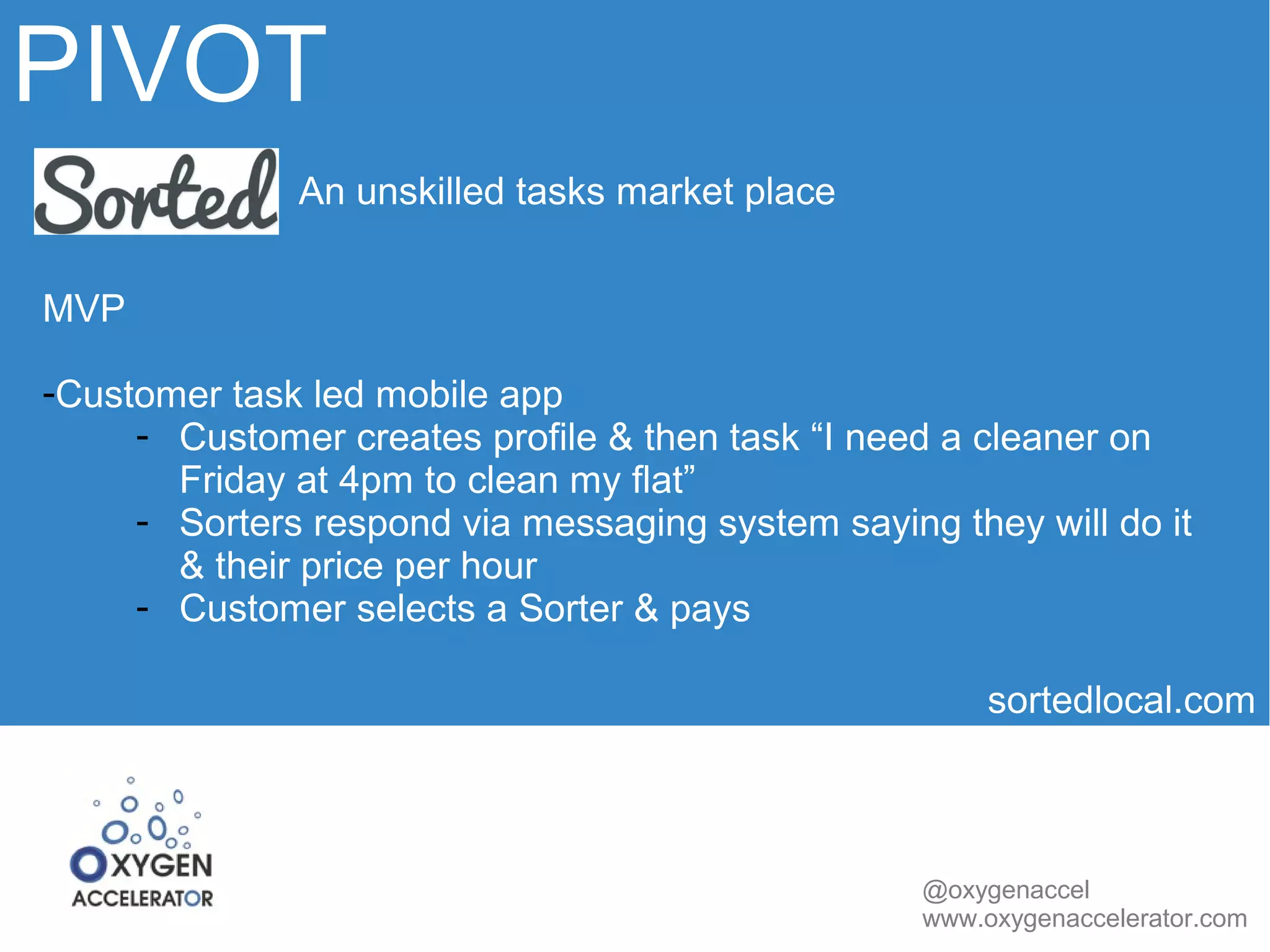 PIVOT 
sortedlocal.com 
@oxygenaccel 
www.oxygenaccelerator.com 
An unskilled tasks market place 
MVP 
-Customer task led mobile app 
- Customer creates profile & then task “I need a cleaner on 
Friday at 4pm to clean my flat” 
- Sorters respond via messaging system saying they will do it 
& their price per hour 
- Customer selects a Sorter & pays 
 