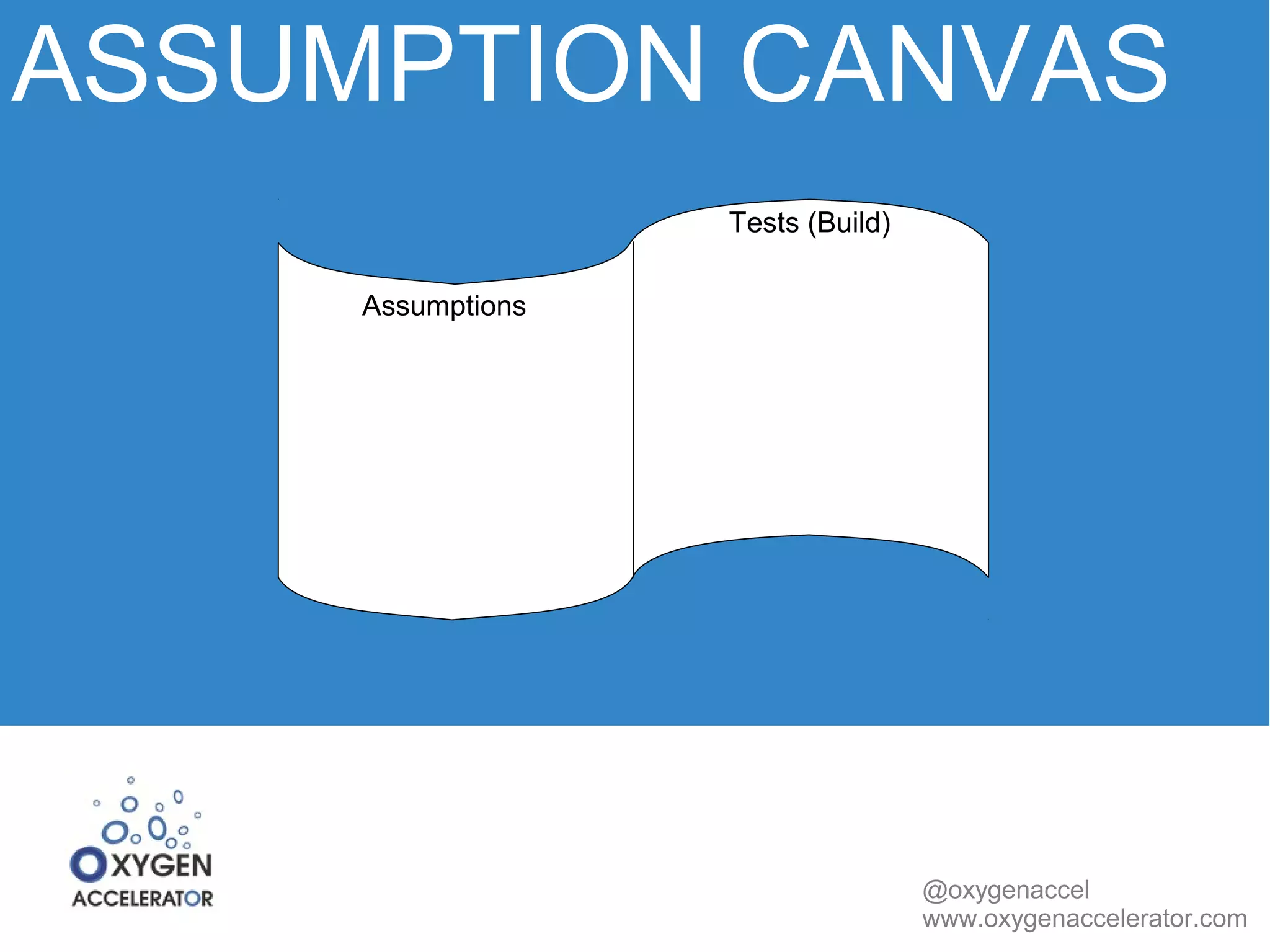 ASSUMPTION CANVAS 
@oxygenaccel 
www.oxygenaccelerator.com 
Assumptions 
Tests (Build) 
 