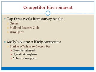 Competitor Environment, cont.Oscars “Party Headquarters”Extensive line of entertainment such as pool, darts, dancing, and a cigar loungeFull lunch and dinner menu, including beer and cocktailsBennigan’sBetter known for food than drinks“Half-off” discount evenings on alcoholMidland Country ClubUpscale dining and lounge space“Social” memberships available for dining areas only