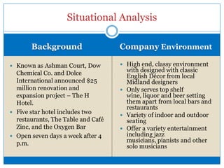 Media EnvironmentLaws/RegulationsThe Oxygen Bar won The Best of The Best award Shoot weekly email blasts to customers sharing company updates, weekend entertainment and specials for the weekUtilize Great Lakes Loons games to promote the restaurants and bars in-between innings Must be 21 years of age to enter BarSmoke-free environmentLocal Food and Beverage regulationRegulating alcohol outdoors, must make conscious effortSituational Analysis