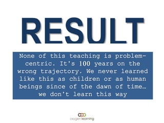 RESULTNone of this teaching is problem-
centric. It’s 100 years on the
wrong trajectory. We never learned
like this as children or as human
beings since of the dawn of time…
we don’t learn this way
 