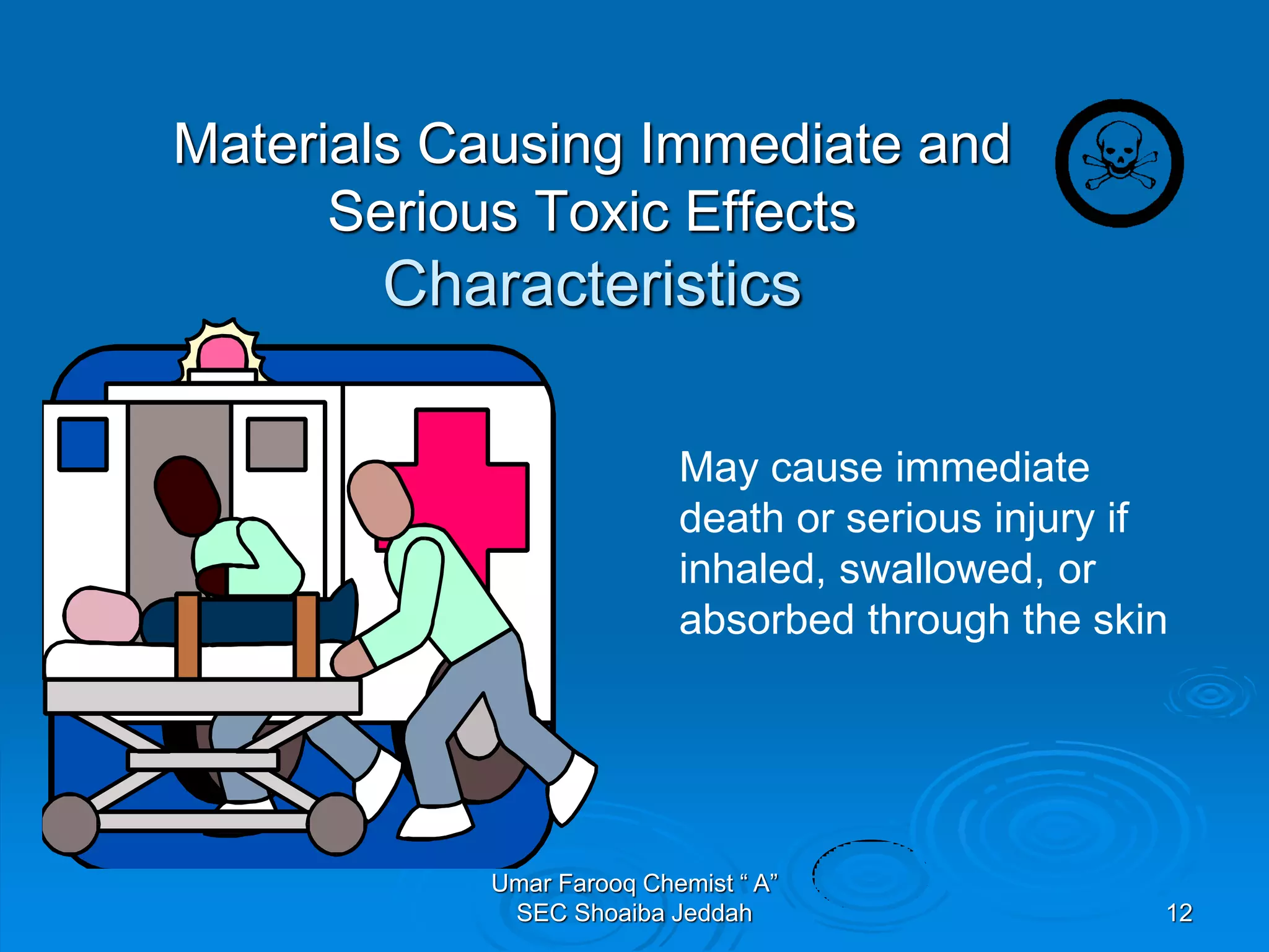 Materials Causing Immediate and
Serious Toxic Effects
Characteristics
May cause immediate
death or serious injury if
inhaled, swallowed, or
absorbed through the skin
12
Umar Farooq Chemist “ A”
SEC Shoaiba Jeddah
 