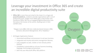 Leverage your investment in Office 365 and create
an incredible digital productivity suite
• Office 365 is more than just email in the cloud, it is a huge and
powerful platform, created to provide organisations with a set of
productivity tools. Oxygen from ISAAC goes a step further and
transforms Office 365 into an engaging digital productivity suite
that places the human at the centre, meeting users in their
comfort zone.
“Oxygen turns Office 365 into a fully functional Intranet, CRM,
Extranet, Document Management, HR or HelpDesk..”
• All Oxygen Applications feature:
• Automated workflows and processes to suit your business.
• Integrated and intuitive document management libraries.
• Fully navigable via web, mobile or from directly within
Outlook.
• Completely customisable to suit your business branding,
language, terminology and processes.
• Built into your Microsoft Office 365 platform.
Oxygen
Collaboration
Security
ScalabilityUsability
Consistency
 