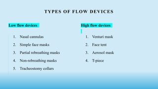 TYPES OF FLOW DEVICES
Low flow devices High flow devices
1. Nasal cannulas
2. Simple face masks
3. Partial rebreathing masks
4. Non-rebreathing masks
5. Tracheostomy collars
1. Venturi mask
2. Face tent
3. Aerosol mask
4. T-piece
2 9
 