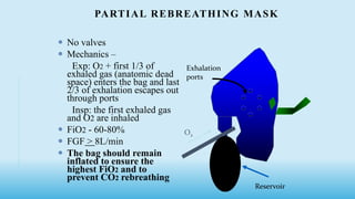 PARTIAL REBREATHING MASK
 No valves
 Mechanics –
Exp: O2 + first 1/3 of
exhaled gas (anatomic dead
space) enters the bag and last
2/3 of exhalation escapes out
through ports
Insp: the first exhaled gas
and O2 are inhaled
 FiO2 - 60-80%
 FGF > 8L/min
 The bag should remain
inflated to ensure the
highest FiO2 and to
prevent CO2 rebreathing
+
Exhalation
ports
O2
Reservoir
 