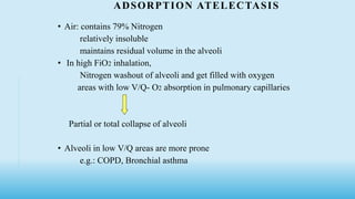 ADSORPTION ATELECTASIS
• Air: contains 79% Nitrogen
relatively insoluble
maintains residual volume in the alveoli
• In high FiO2 inhalation,
Nitrogen washout of alveoli and get filled with oxygen
areas with low V/Q- O2 absorption in pulmonary capillaries
Partial or total collapse of alveoli
• Alveoli in low V/Q areas are more prone
e.g.: COPD, Bronchial asthma
 