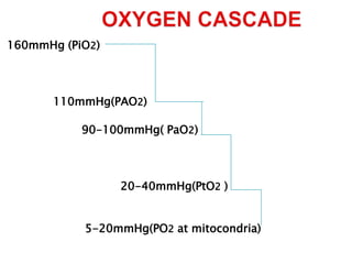 160mmHg (PiO2)
110mmHg(PAO2)
90-100mmHg( PaO2)
20-40mmHg(PtO2 )
5-20mmHg(PO2 at mitocondria)
 