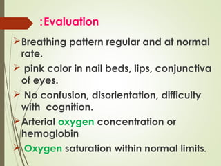 : Evaluation
 Breathing pattern regular and at normal
rate.
 pink color in nail beds, lips, conjunctiva
of eyes.
 No confusion, disorientation, difficulty
with cognition.
 Arterial oxygen concentration or
hemoglobin
 Oxygen saturation within normal limits.

 
