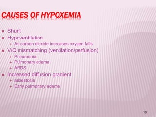 10
CAUSES OF HYPOXEMIA
 Shunt
 Hypoventilation
 As carbon dioxide increases oxygen falls
 V/Q mismatching (ventilation/perfusion)
 Pneumonia
 Pulmonary edema
 ARDS
 Increased diffusion gradient
 asbestosis
 Early pulmonary edema
 