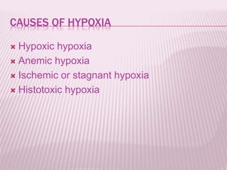 CAUSES OF HYPOXIA
 Hypoxic hypoxia
 Anemic hypoxia
 Ischemic or stagnant hypoxia
 Histotoxic hypoxia
 