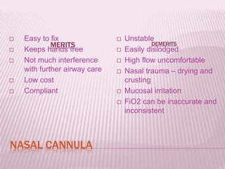 NASAL CANNULA
MERITS DEMERITS
 Easy to fix
 Keeps hands free
 Not much interference
with further airway care
 Low cost
 Compliant
 Unstable
 Easily dislodged
 High flow uncomfortable
 Nasal trauma – drying and
crusting
 Mucosal irritation
 FiO2 can be inaccurate and
inconsistent
 