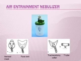 AIR ENTRAINMENT NEBULIZER
Aerosol
mask
Face tent
Tracheostomy
collar
T tube
 