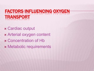 FACTORS INFLUENCING OXYGEN
TRANSPORT
 Cardiac output
 Arterial oxygen content
 Concentration of Hb
 Metabolic requirements
 