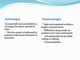 Advantages Disadvantages
•Can provide increased delivery
of oxygen for short period of
time.
• The face mask is indicated in
patients with nasal irritation or
epistaxis
• Tight seal required to deliver
higher concentration
• Difficult to keep mask in
position over nose and mouth
• Uncomfortable for pt while
eating or talking.
• Claustrophobia
 
