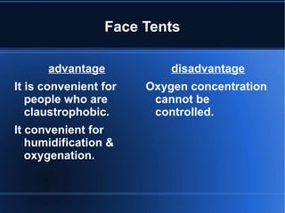 Face Tents
advantage
It is convenient for
people who are
claustrophobic.
It convenient for
humidification &
oxygenation.
disadvantage
Oxygen concentration
cannot be
controlled.
 