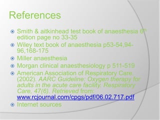 References
 Smith & aitkinhead test book of anaesthesia 6th
edition page no 33-35
 Wiley text book of anaesthesia p53-54,94-
96,168-175
 Miller anaesthesia
 Morgan clinical anaesthesiology p 511-519
 American Association of Respiratory Care.
(2002). AARC Guideline: Oxygen therapy for
adults in the acute care facility. Respiratory
Care, 47(6). Retrieved from:
www.rcjournal.com/cpgs/pdf/06.02.717.pdf
 Internet sources
 
