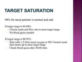 98% for most patients is normal and safe
If target range is 94-98%
• Choose mask and flow rate to meet target range
• No blood gases needed
If target range is 88-92%
• Start with 1-2 litres nasal oxygen or 28% Venturi mask
then titrate up to meet target range
• Check blood gases after 30-60 mins
 