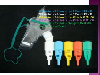 24% Venturi - 2 L/min - Use 3 l/min if RR >30
28% Venturi - 4 L/min - Use 6 l/min if RR >30
35% Venturi - 8 L/min - Use 12 l/min if RR >30
40% Venturi - 10 L/min - Use 15 l/min if RR >30
60% Venturi - 15 L/min - Change to RM if 60%
Venturi is not sufficient
 