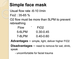 Simple face mask
Usual flow rate -6-10 l/min
Fio2 : 35-65 %
O2 flow must be more than 5LPM to prevent
rebreathing
Flow ` FiO2
5-6LPM 0.30-0.45
7-8LPM 0.40-0.60
Advantages – simple, light, deliver higher FiO2
Disadvantages – need to remove for eat, drink,
speak
- uncomfortable for facial trauma
 