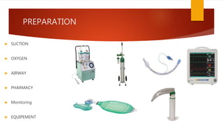 PREPARATION
 SUCTION
 OXYGEN
 AIRWAY
 PHARMACY
 Monitoring
 EQUIPEMENT
 